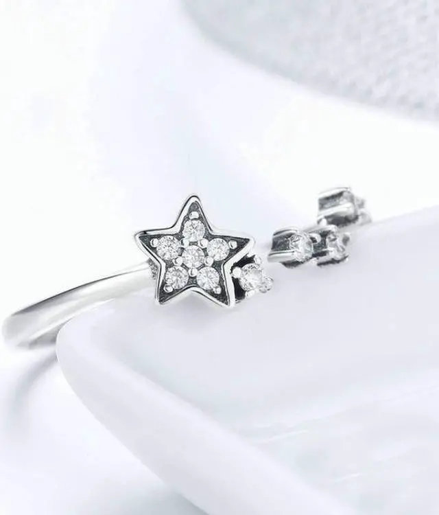 Alt view image 2 of 6 - Star Diamond Hollow Ring S925 Sterling Silver Ladies Five-pointed Star Open Ring