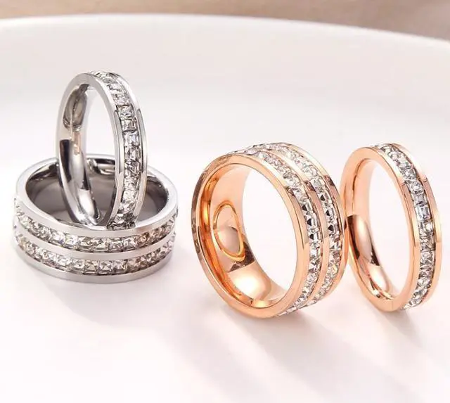 Alt view image 3 of 6 - Girls Simple Titanium Steel Diamond Ring, Size: US Size 7 US Size 7 (Single Row Rose Gold)