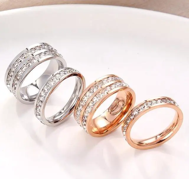 Alt view image 4 of 6 - Girls Simple Titanium Steel Diamond Ring, Size: US Size 7 US Size 7 (Single Row Rose Gold)