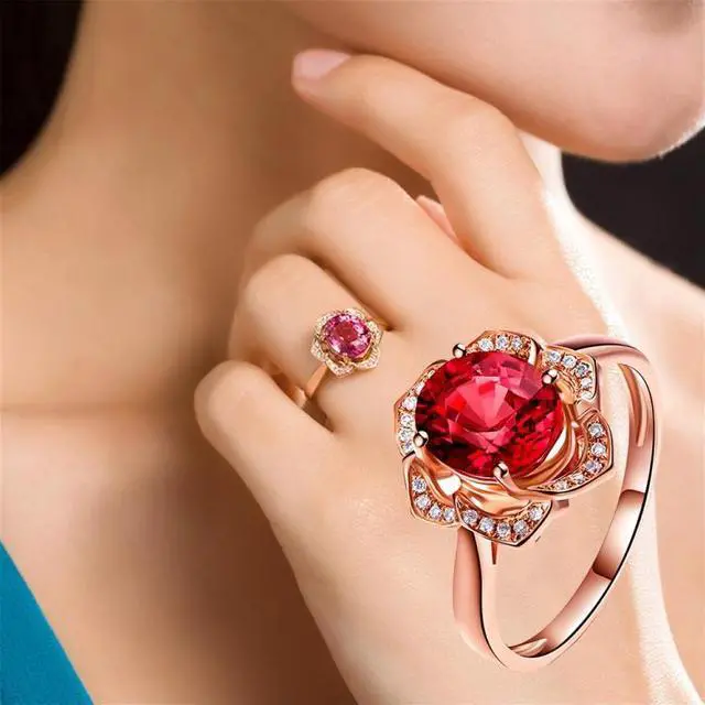 Alt view image 2 of 6 - Fashion Red Tourmaline Rose Gold Flower Shape Women Ring 6