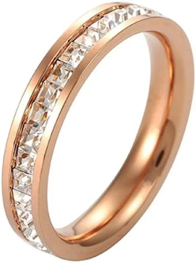 Main image of Girls Simple Titanium Steel Diamond Ring, Size: US Size 7 US Size 7 (Single Row Rose Gold)