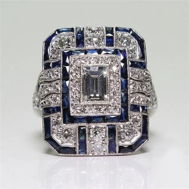 Main image of Luxury Square Women Crystal Zircon Engagement Ring 10 (Blue) Black
