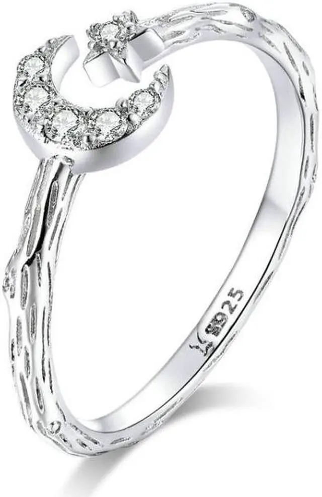 Main image of Fashion Retro Open Ring Sterling Silver S925 Star and Moon Platinum Plated Zircon Ring SCR638