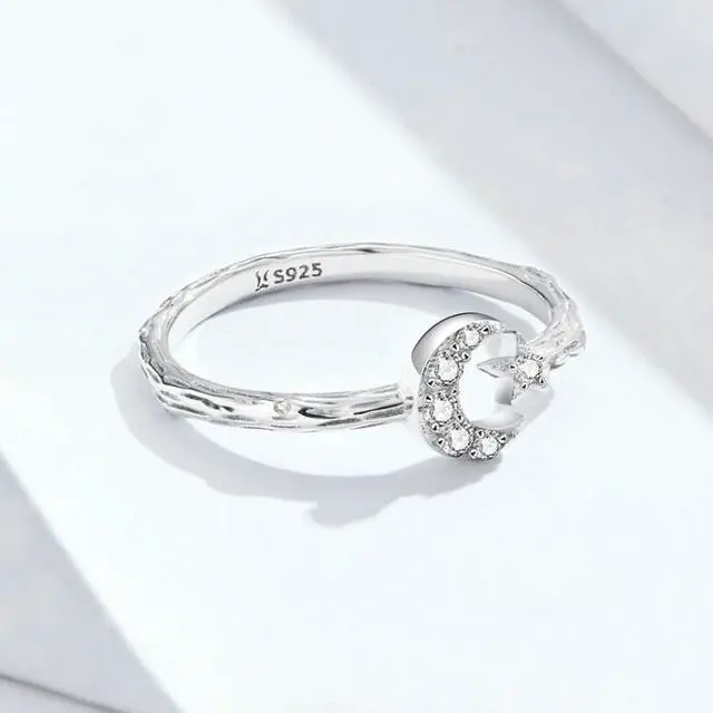 Alt view image 2 of 7 - Fashion Retro Open Ring Sterling Silver S925 Star and Moon Platinum Plated Zircon Ring SCR638