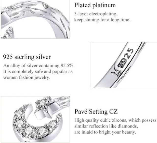 Alt view image 3 of 7 - Fashion Retro Open Ring Sterling Silver S925 Star and Moon Platinum Plated Zircon Ring SCR638