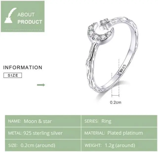 Alt view image 4 of 7 - Fashion Retro Open Ring Sterling Silver S925 Star and Moon Platinum Plated Zircon Ring SCR638