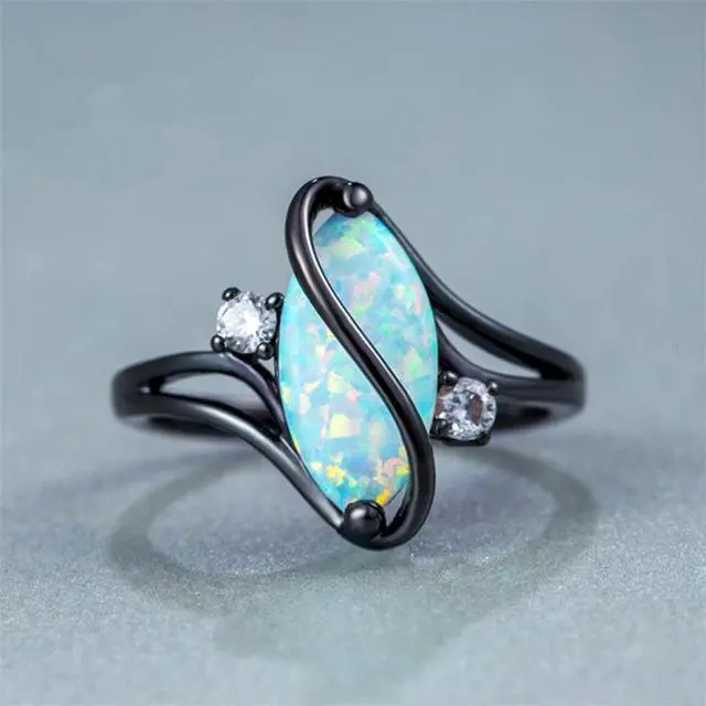 Alt view image 4 of 5 - S Shape Opal Stone Black Color Rings Fashion Jewelry For Women 7 (Black)