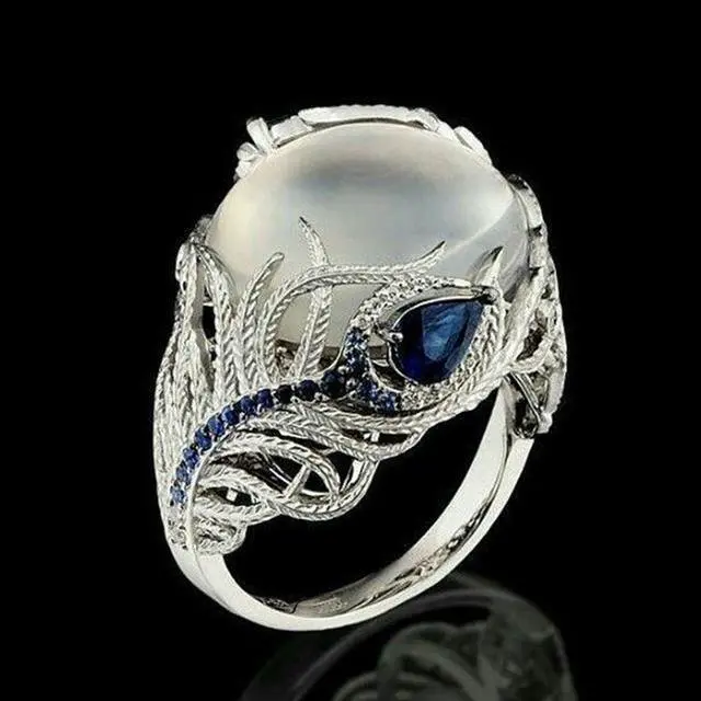 Main image of Vintage Silver Hollow Natural Opal Rings Feather Pattern Rings for Women Jewelry 9