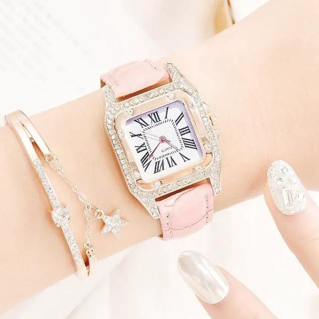 Main image of Women Tonneau Square Strap Quartz Watch, Color: Pink+Bracelet, Size:Pink+Bracelet