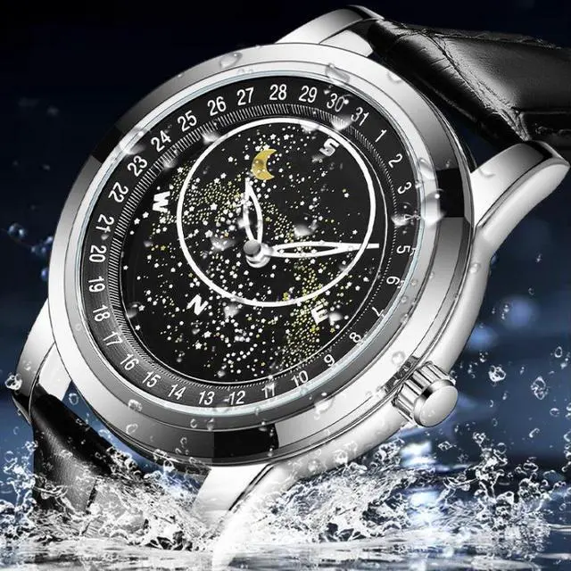 Alt view image 3 of 6 - SANDA 7001 Leather Strap Luminous Waterproof Mechanical Watch (Silver Blue)