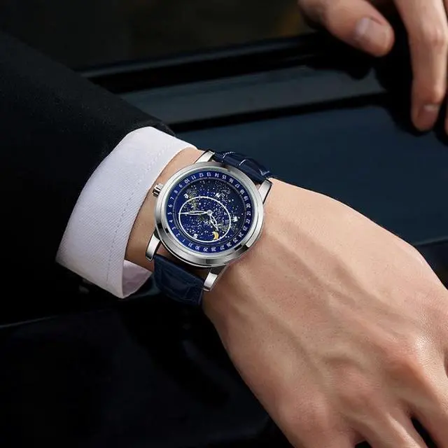 Alt view image 6 of 6 - SANDA 7001 Leather Strap Luminous Waterproof Mechanical Watch (Silver Blue)
