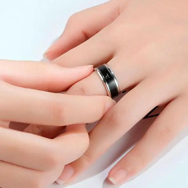 Alt view image 4 of 5 - Smart Temperature Ring Stainless Steel Personalized Temperature Display Couple Ring, Size: 12 12 (Black)