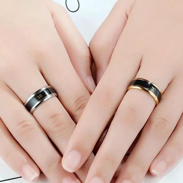Alt view image 5 of 5 - Smart Temperature Ring Stainless Steel Personalized Temperature Display Couple Ring, Size: 12 12 (Black)