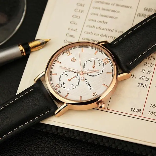 Alt view image 6 of 7 - YAZOLE 355 Two-eyes Luminous Business Men Quartz Watch (Black Tray Brown Belt)