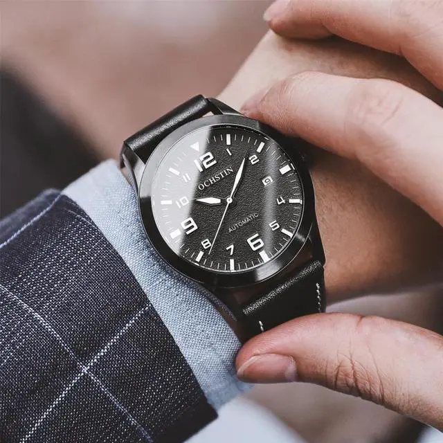 Alt view image 7 of 7 - Ochstin 62028 Fashion Fully Automatic Mechanical Watch Waterproof Men  Leisure Mechanical Watch Calendar Leather Watch(Black) (Grey)