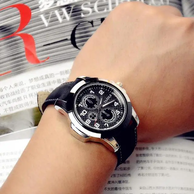 Alt view image 7 of 7 - YAZOLE 350 Three-eyes Men Sports Watch Quartz Watch (Black Tray Brown Belt)