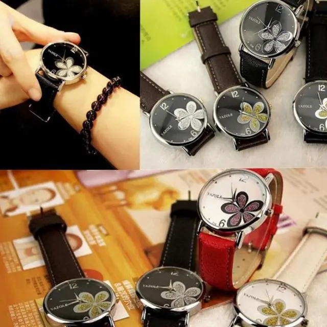Alt view image 7 of 7 - YAZOLE Ladies OL Style Four-leaf Clover Pattern Quartz Watch (338 white plate purple flower red belt) Purple