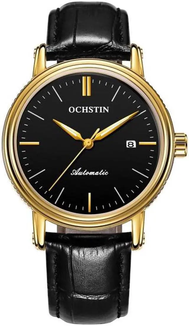 Alt view image 2 of 7 - Ochstin 2024 Automatic Mechanical Watch Men Waterproof Calendar Leather Business Mechanical Men Watch(Golden Black) (Blue)