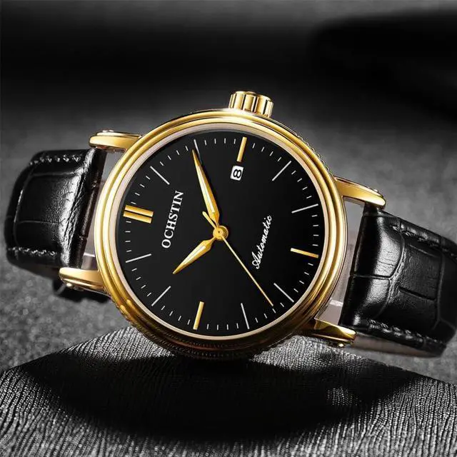 Alt view image 3 of 7 - Ochstin 2024 Automatic Mechanical Watch Men Waterproof Calendar Leather Business Mechanical Men Watch(Golden Black) (Blue)