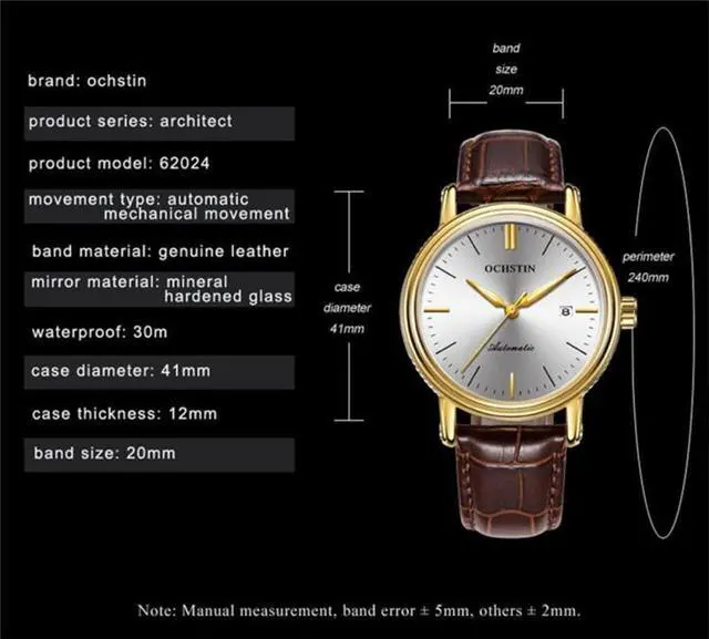 Alt view image 4 of 7 - Ochstin 2024 Automatic Mechanical Watch Men Waterproof Calendar Leather Business Mechanical Men Watch(Golden Black) (Blue)