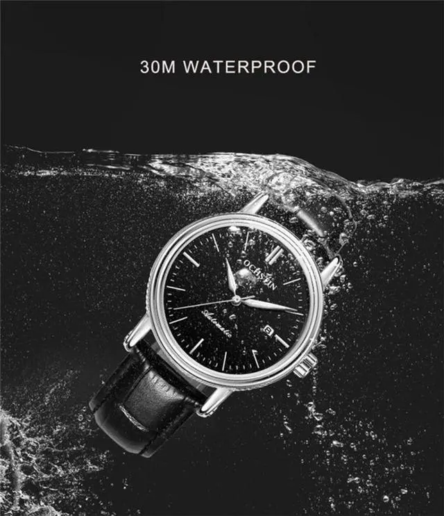 Alt view image 5 of 7 - Ochstin 2024 Automatic Mechanical Watch Men Waterproof Calendar Leather Business Mechanical Men Watch(Golden Black) (Blue)