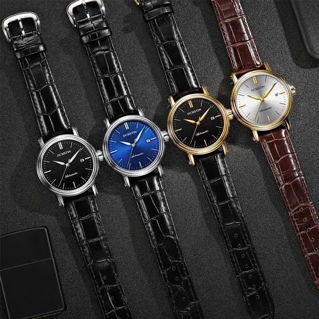 Alt view image 7 of 7 - Ochstin 2024 Automatic Mechanical Watch Men Waterproof Calendar Leather Business Mechanical Men Watch(Golden Black) (Blue)