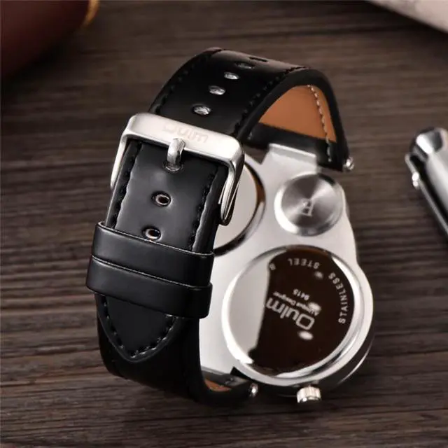 Alt view image 3 of 7 - Oulm 9415 Double Time Zone Men Belt Watch Big Dial Compass Quartz Watch 9415 Coffee (Coffee)