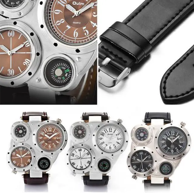 Alt view image 4 of 7 - Oulm 9415 Double Time Zone Men Belt Watch Big Dial Compass Quartz Watch 9415 Coffee (Coffee)