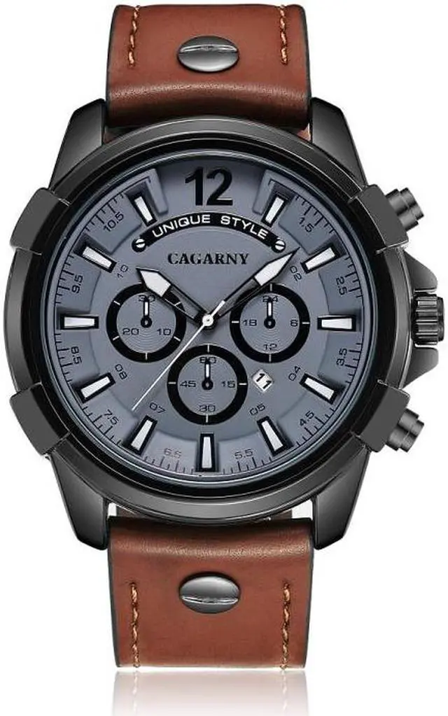 Main image of CAGARNY 6882 Fashion Waterproof Polychromatic Metal Shell Quartz Watch with Leather Wristband (Brown Black) Style 1