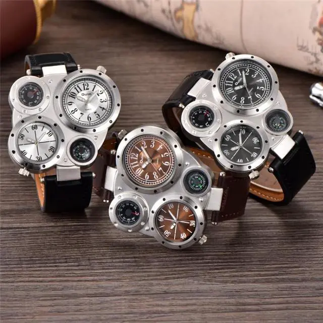 Alt view image 2 of 7 - Oulm 9415 Double Time Zone Men Belt Watch Big Dial Compass Quartz Watch 9415 Coffee (Coffee)
