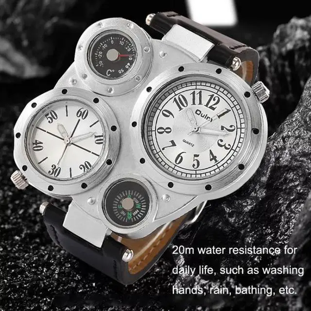 Alt view image 5 of 7 - Oulm 9415 Double Time Zone Men Belt Watch Big Dial Compass Quartz Watch 9415 Coffee (Coffee)