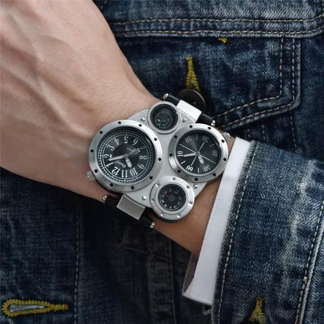 Alt view image 6 of 7 - Oulm 9415 Double Time Zone Men Belt Watch Big Dial Compass Quartz Watch 9415 Coffee (Coffee)