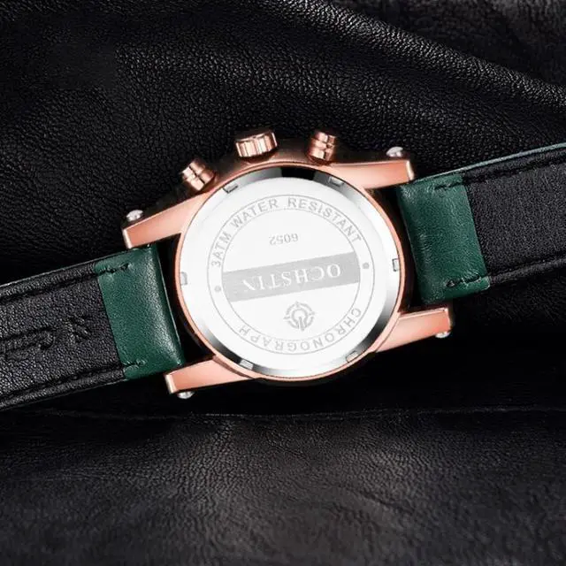 Alt view image 2 of 7 - Ochstin 5111B Multifunctional Business Waterproof Luminous Leather Strap Quartz Watch (Rose Gold+Green)