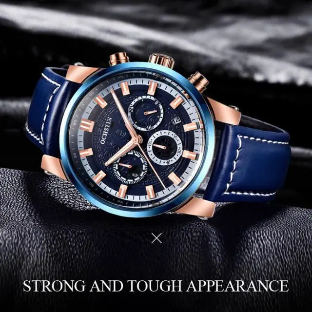Alt view image 4 of 7 - Ochstin 5111B Multifunctional Business Waterproof Luminous Leather Strap Quartz Watch (Rose Gold+Green)