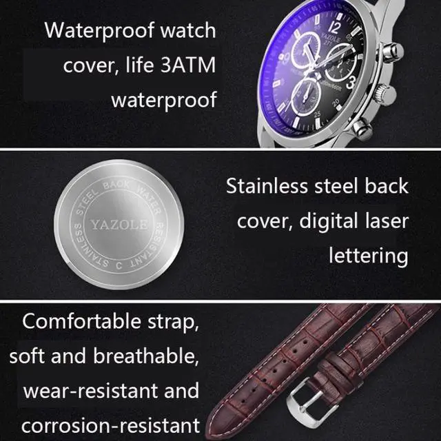 Alt view image 3 of 7 - YAZOLE 271 Three-Eye Six-Hand Watch Men Auartz Watch Waterproof Business Watch (White Disk Brown Belt)