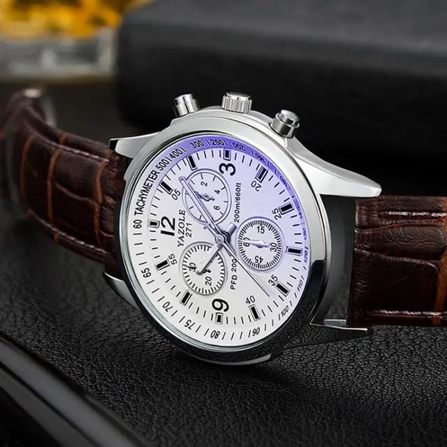 Alt view image 4 of 7 - YAZOLE 271 Three-Eye Six-Hand Watch Men Auartz Watch Waterproof Business Watch (White Disk Brown Belt)