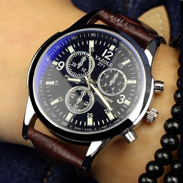 Alt view image 7 of 7 - YAZOLE 271 Three-Eye Six-Hand Watch Men Auartz Watch Waterproof Business Watch (White Disk Brown Belt)