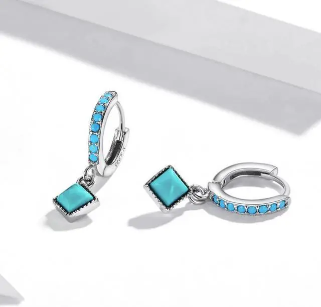Alt view image 2 of 7 - S925 Sterling Silver Rhombus Turquoise Women Earrings Rhombus Turquoise