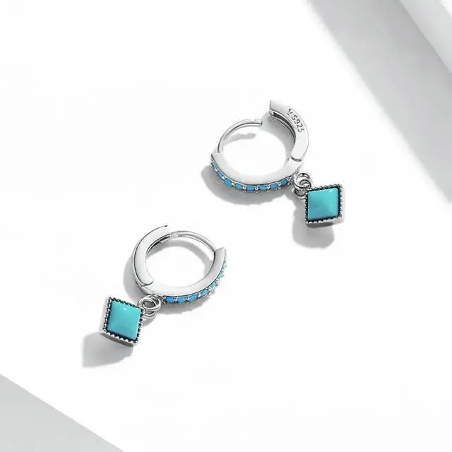 Alt view image 3 of 7 - S925 Sterling Silver Rhombus Turquoise Women Earrings Rhombus Turquoise