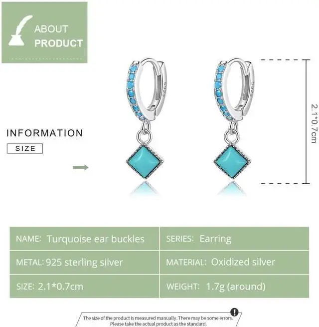 Alt view image 4 of 7 - S925 Sterling Silver Rhombus Turquoise Women Earrings Rhombus Turquoise