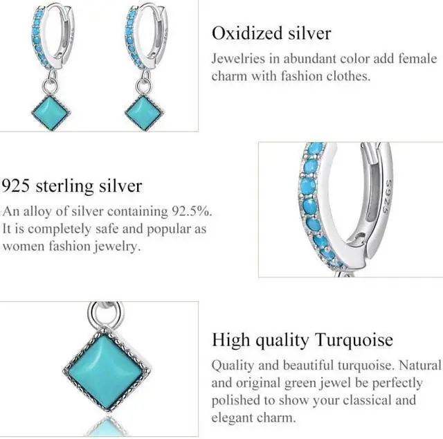 Alt view image 5 of 7 - S925 Sterling Silver Rhombus Turquoise Women Earrings Rhombus Turquoise