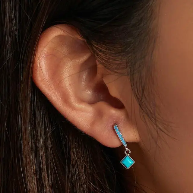 Alt view image 7 of 7 - S925 Sterling Silver Rhombus Turquoise Women Earrings Rhombus Turquoise