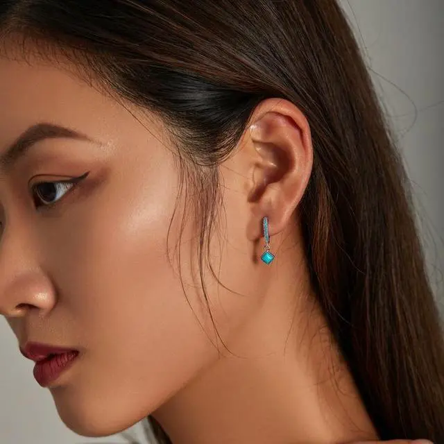 Alt view image 6 of 7 - S925 Sterling Silver Rhombus Turquoise Women Earrings Rhombus Turquoise
