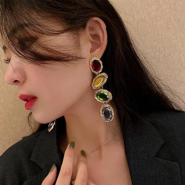 Alt view image 4 of 5 - Retro Metal Color Geometry Glass Diamond Earrings Jewelry