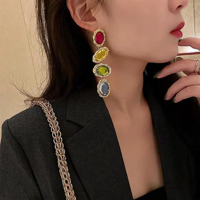 Alt view image 5 of 5 - Retro Metal Color Geometry Glass Diamond Earrings Jewelry