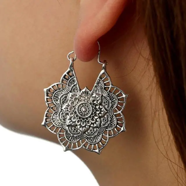 Alt view image 2 of 6 - Vintage Ethnic Style Metal Openwork Flower Flower Earrings Bohemian Carved Earrings (silver) Silver