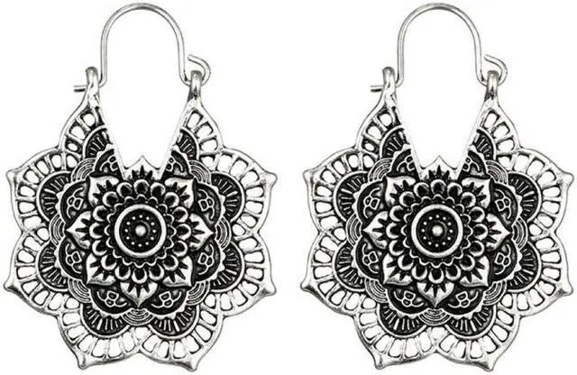 Alt view image 3 of 6 - Vintage Ethnic Style Metal Openwork Flower Flower Earrings Bohemian Carved Earrings (silver) Silver