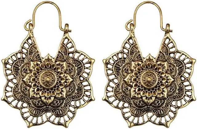 Alt view image 4 of 6 - Vintage Ethnic Style Metal Openwork Flower Flower Earrings Bohemian Carved Earrings (silver) Silver