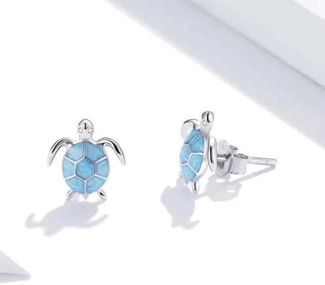 Alt view image 3 of 7 - S925 Sterling Silver Blue Turtle Women Earrings