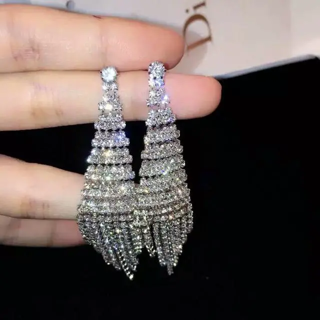 Main image of Super Flash Diamond Two-color Tassel Earrings for Women (Silver stud earings)